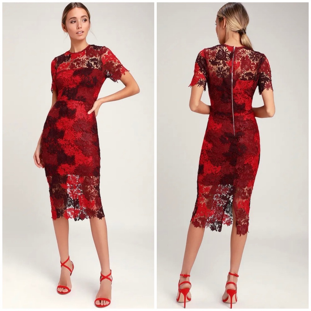 Lulu’s Season of Joy Midi Dress Size Small Lace Evening Party Wedding Guest